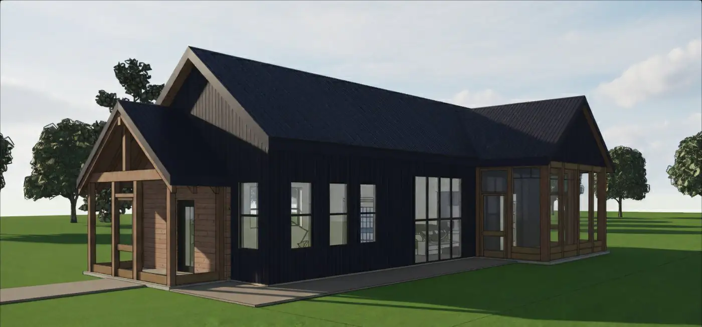 Modern barn-style home with covered porch and screened outdoor living space